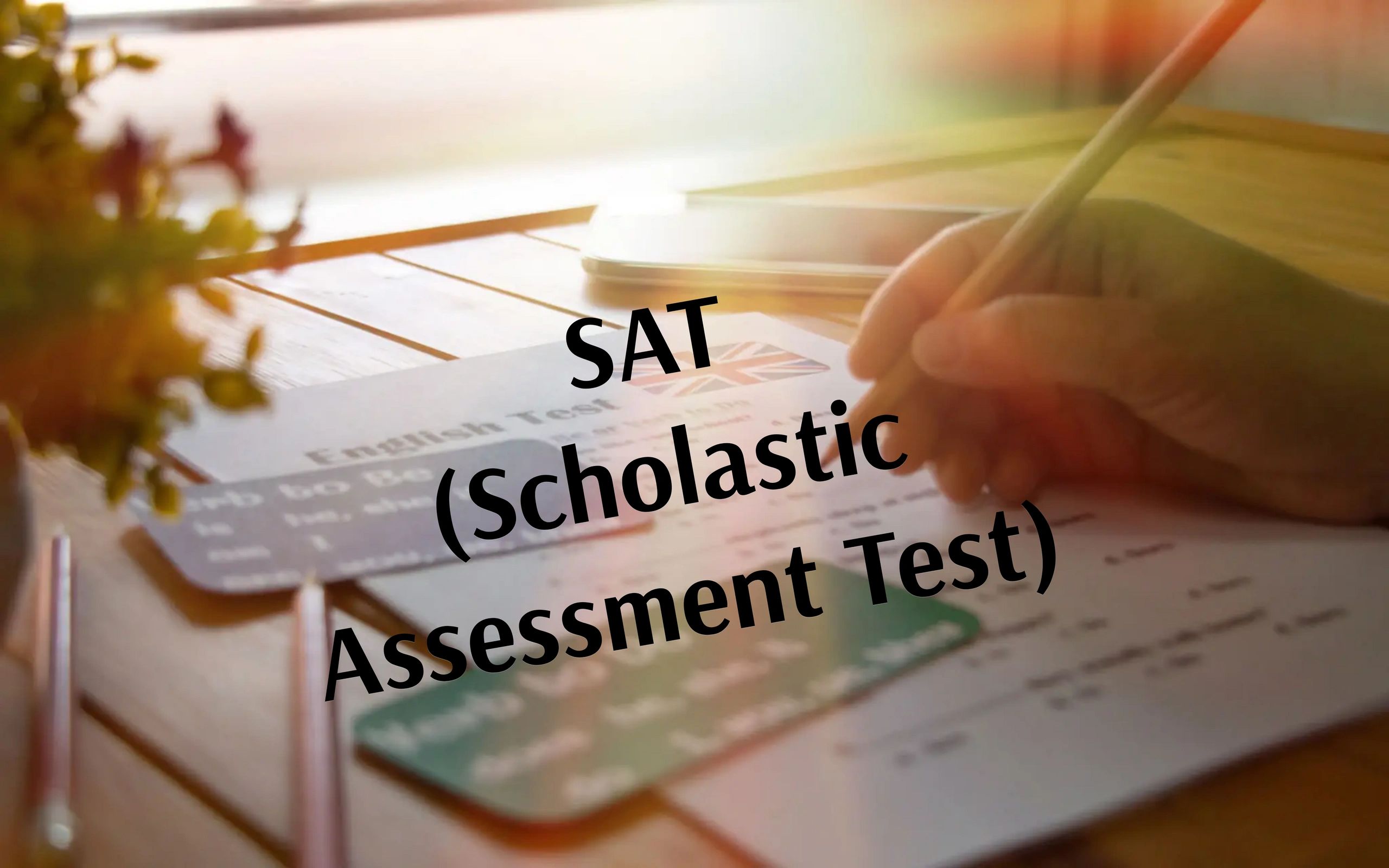 Person taking the SAT Scholastic Assessment Test at a wooden desk.