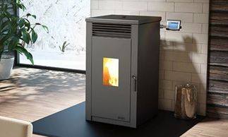 Edison pellet heater on black hearth ,with digital programmable screen pad,