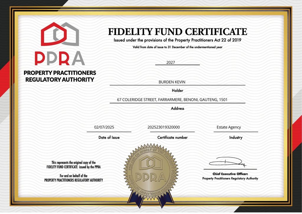 Fidelity Fund Certificate issued to Burden Kevin for Estate Agency in 2027.