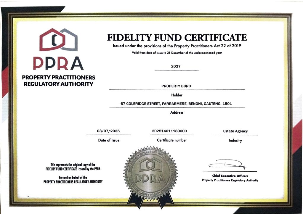 Fidelity Fund Certificate issued by PPRA for Property Burd valid until 2027.
