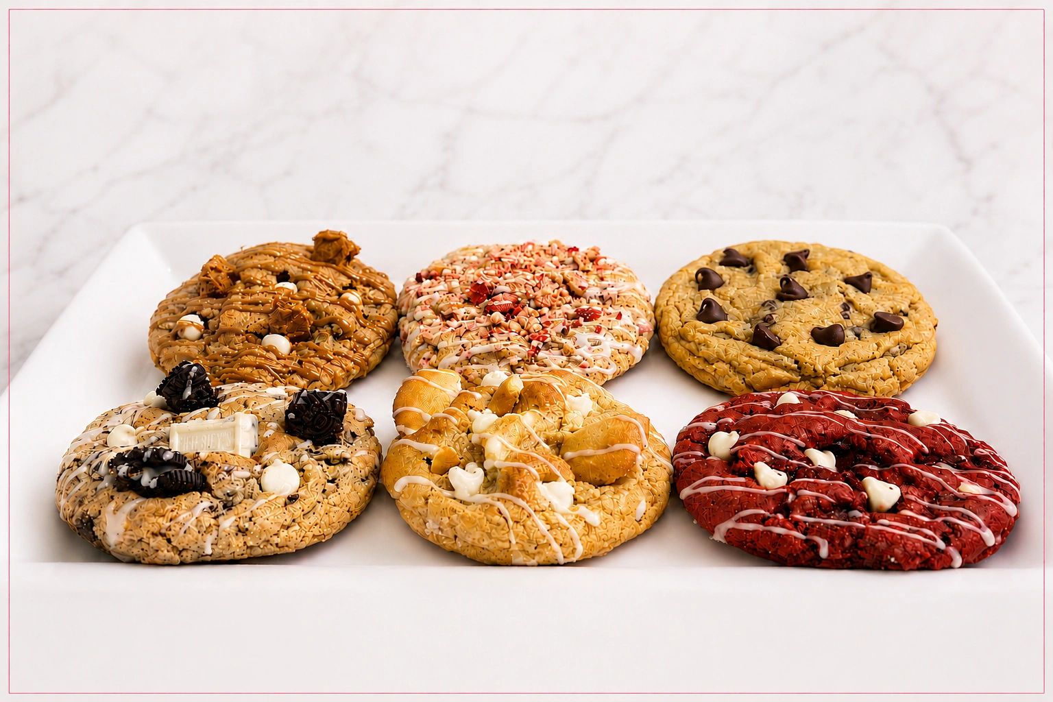 A variety of six different cookies on a white platter.