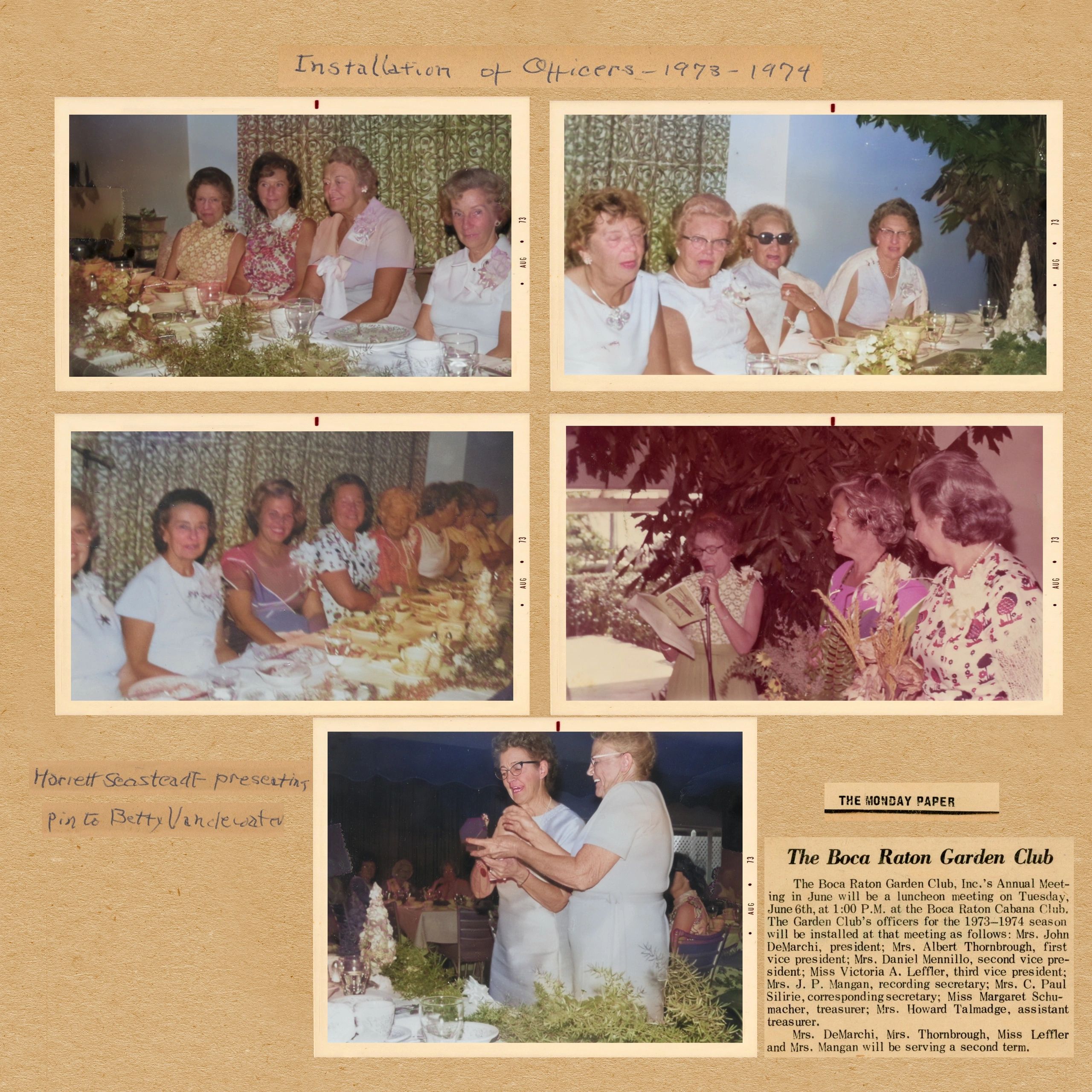 Four vintage photos of women at a formal event in 1973-1974, seated and socializing.