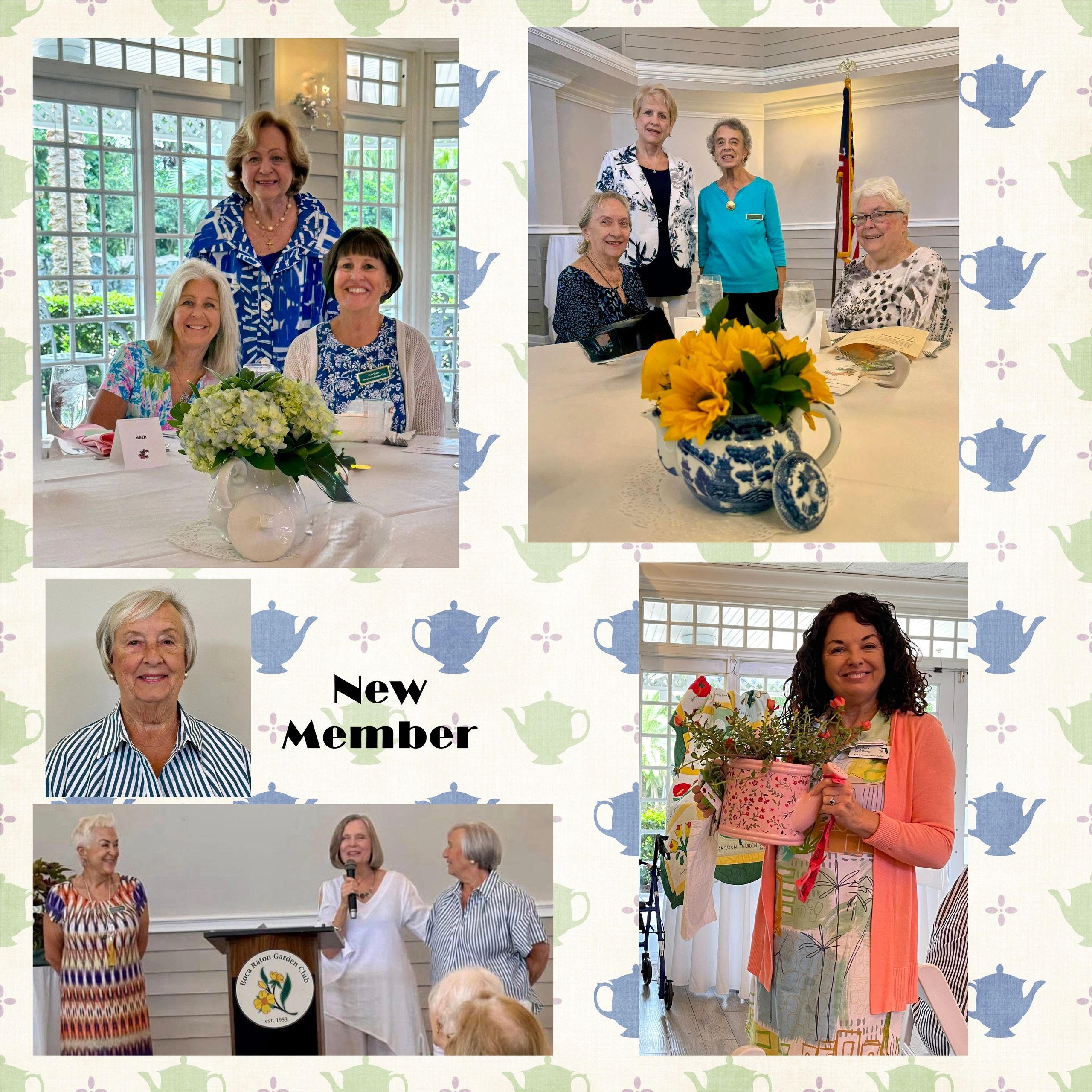 Group photos of women at a garden club event with flowers and awards.
