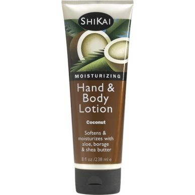 Tube of Shikai moisturizing hand and body lotion with coconut design.