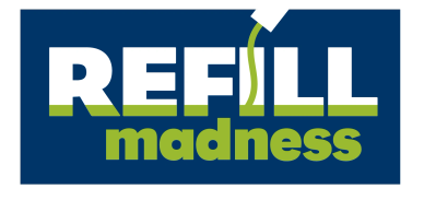 Graphic design with the words 'REFILL madness' and a liquid pouring effect.