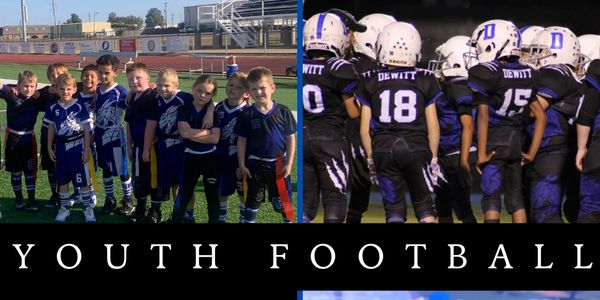 Collage of youth football teams in action and posing on the field.