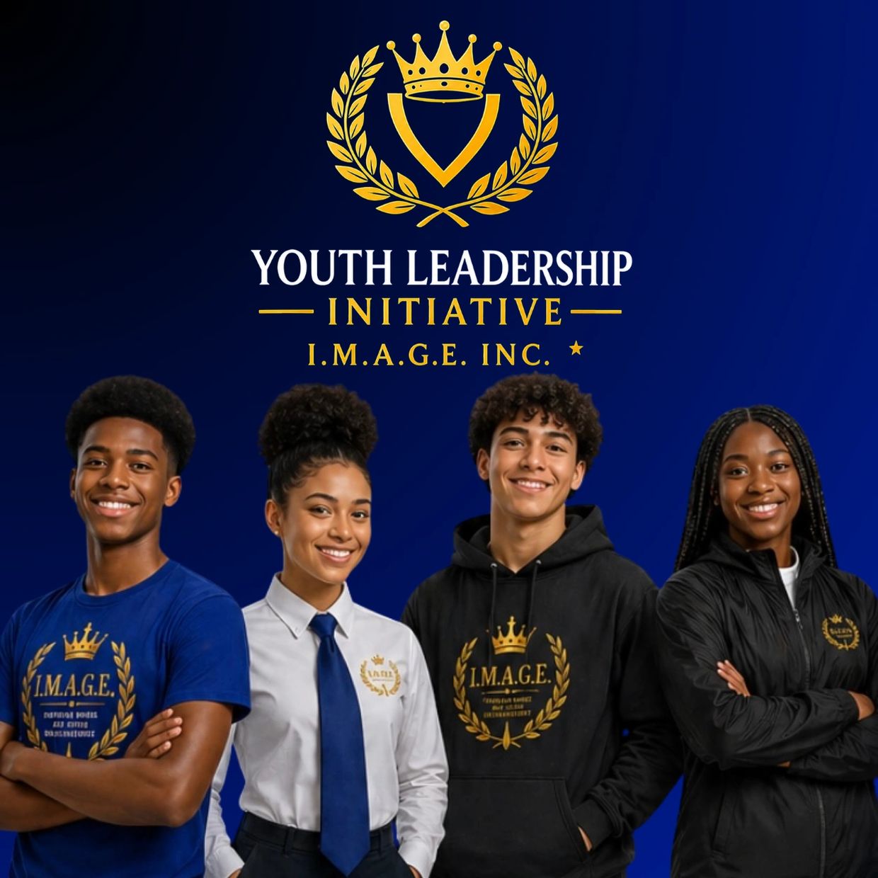 Four diverse youths proudly wearing Youth Leadership Initiative apparel.