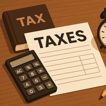 Calculator, tax book, and alarm clock on wooden table.