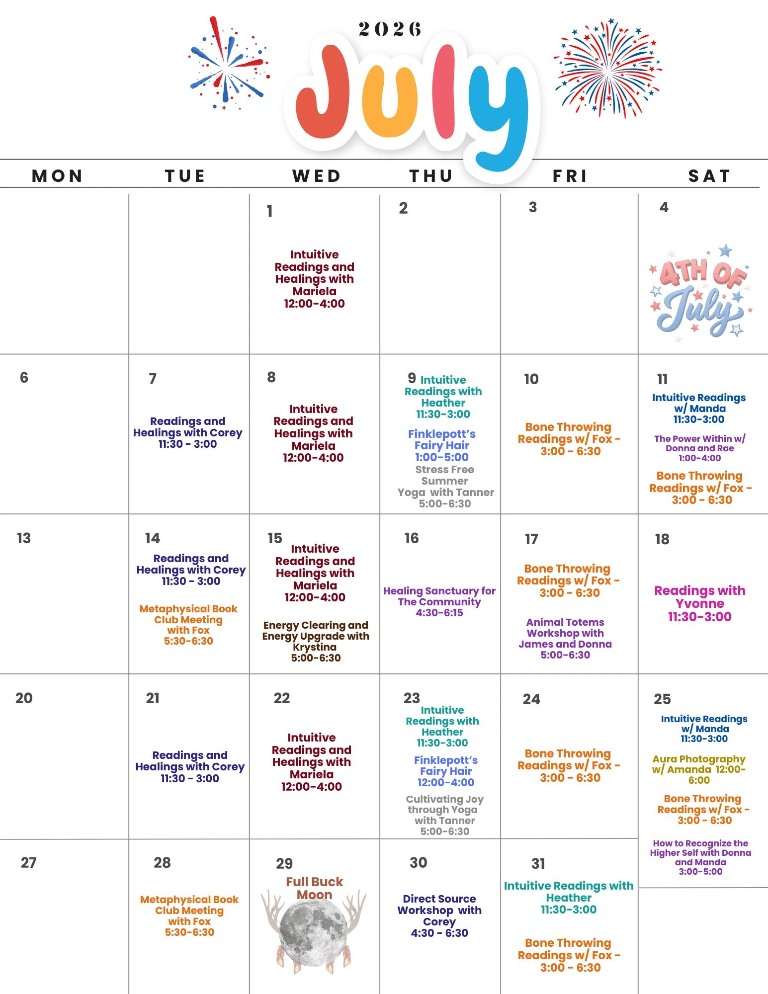July 2026 calendar with events including readings, healings, workshops, and celebrations.