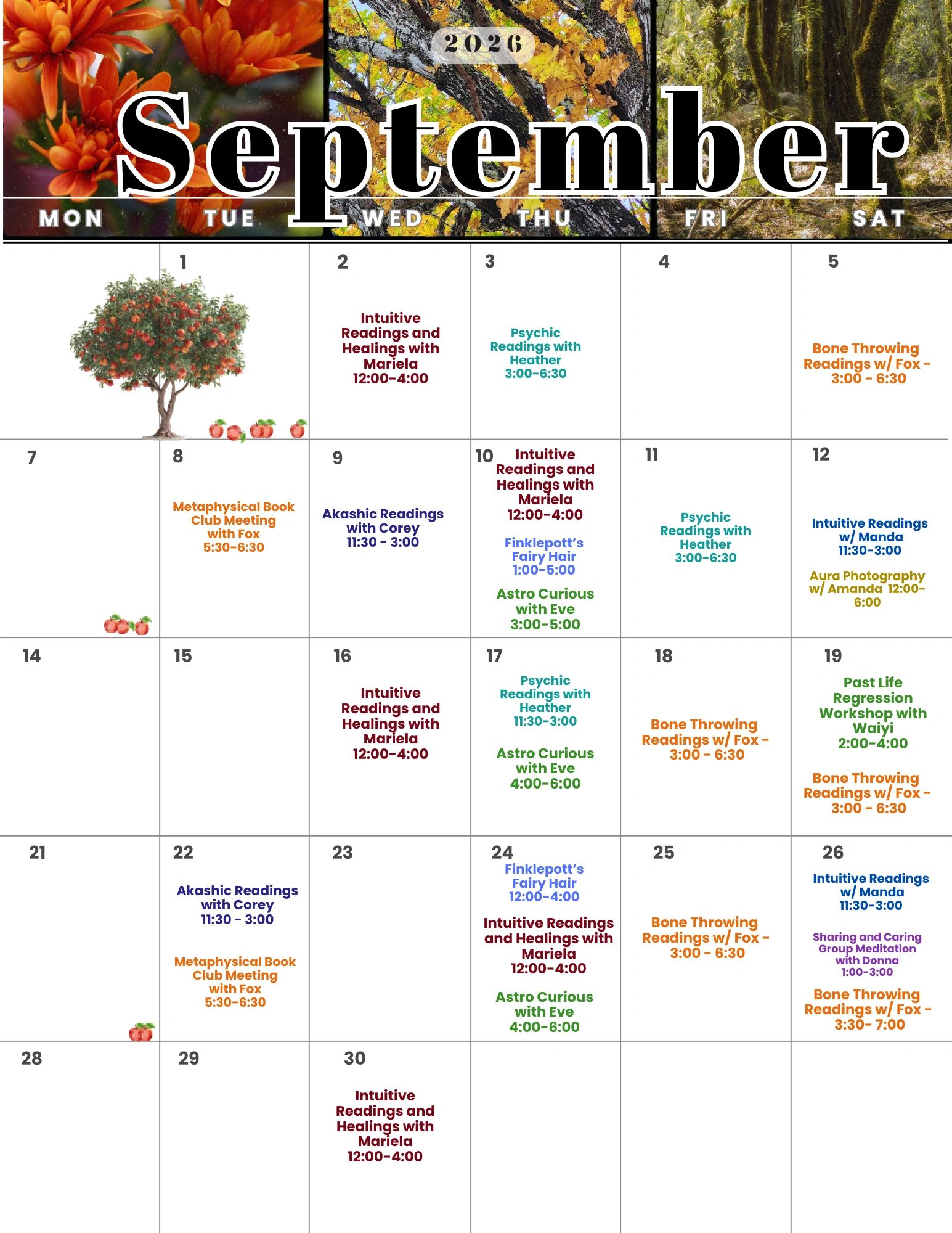 September 2026 calendar with various intuitive, psychic, and metaphysical events.
