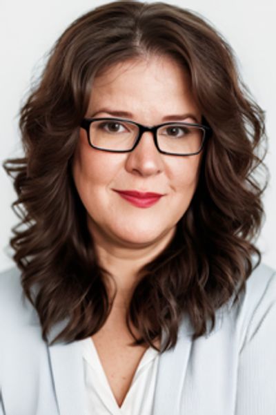 Professional woman with glasses and wavy hair smiles confidently.
