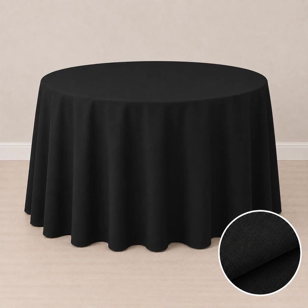 Black round tablecloth covering a round table.