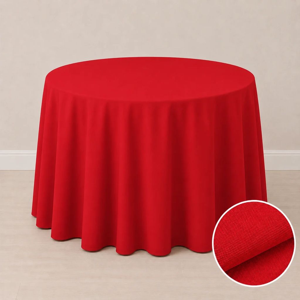 Round table covered with a red tablecloth.
