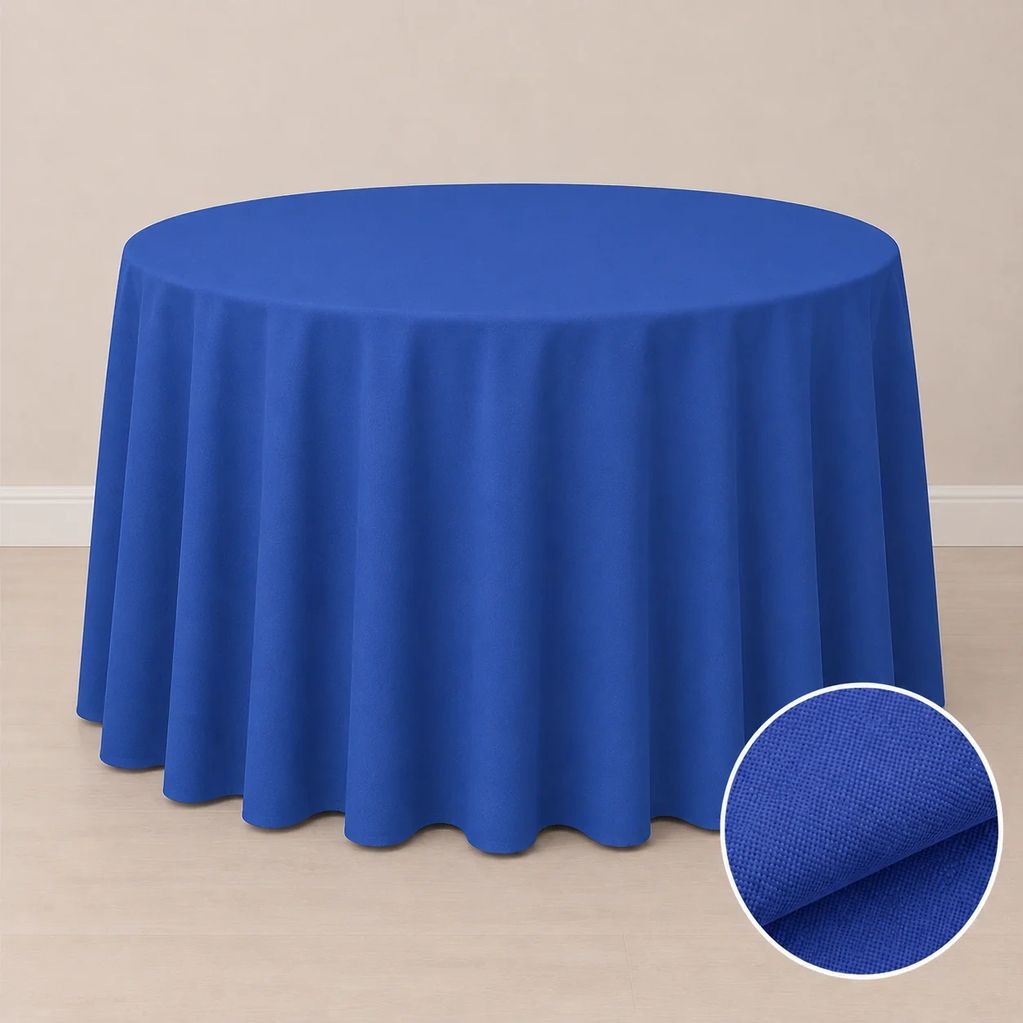Round table with blue tablecloth.
