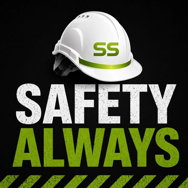 White construction helmet above bold text 'Safety Always' on black background.