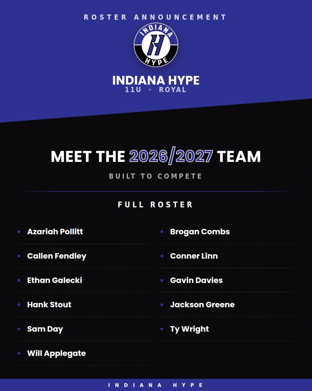 Indiana Hype 11U Royal roster announcement for 2026/2027 team.