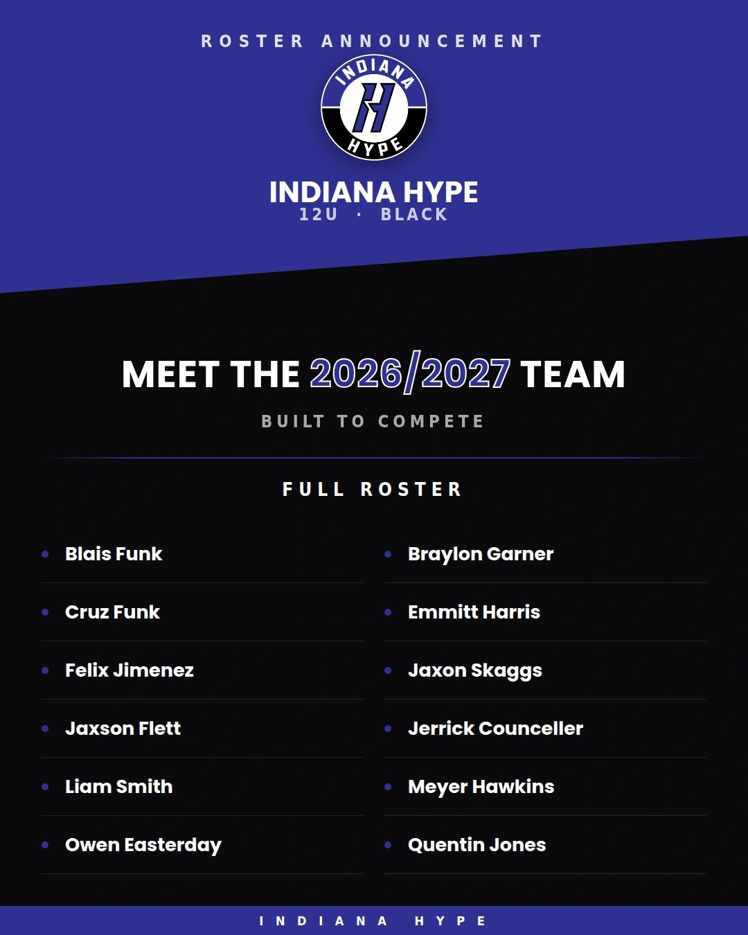 Indiana Hype 12U Black roster announcement for 2026/2027 season.