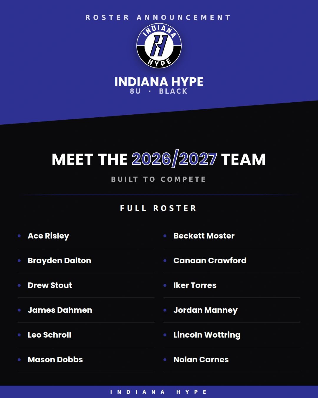 Indiana Hype 8U Black 2026/2027 team roster announcement.