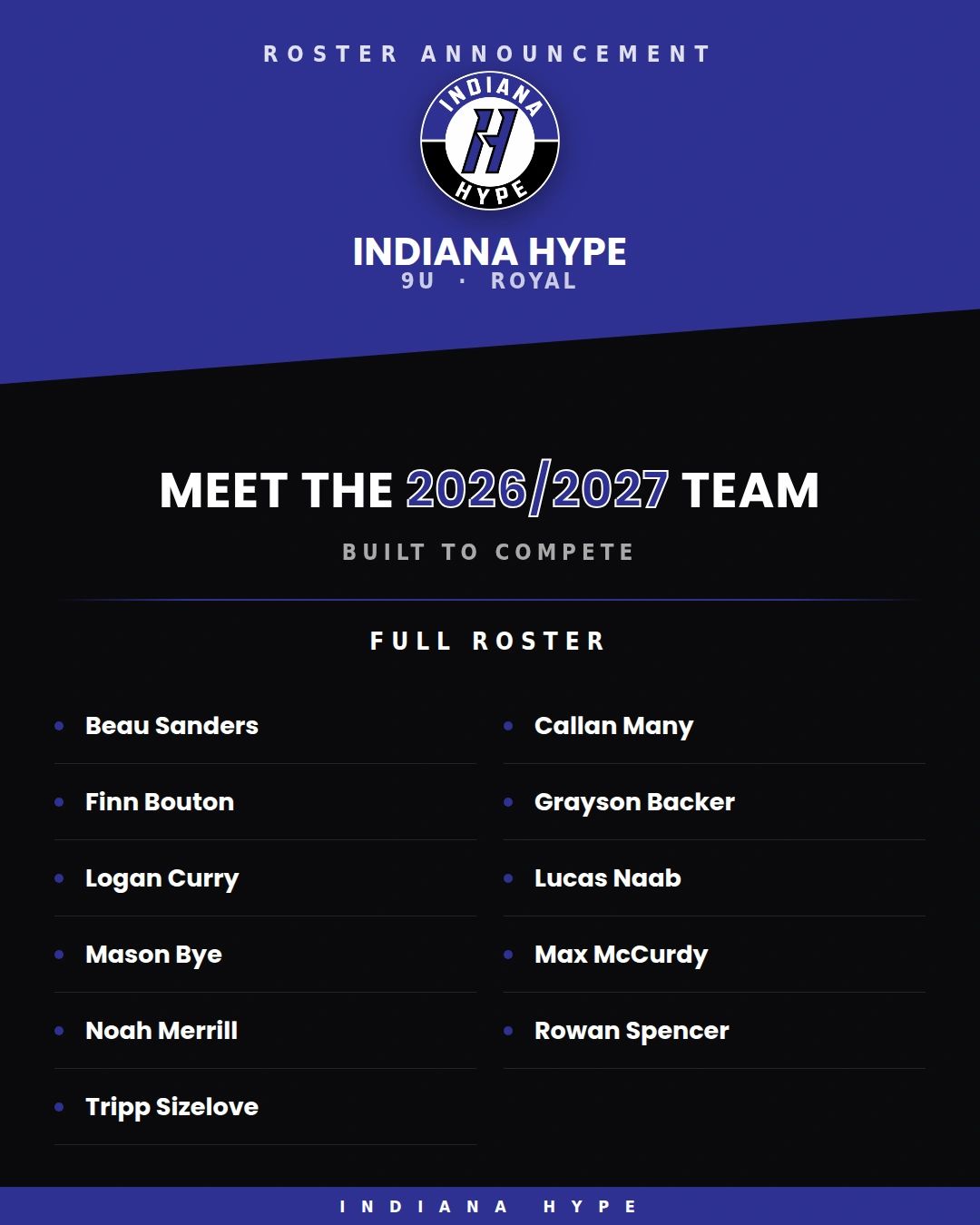 Indiana Hype 9U Royal 2026/2027 team roster announcement.