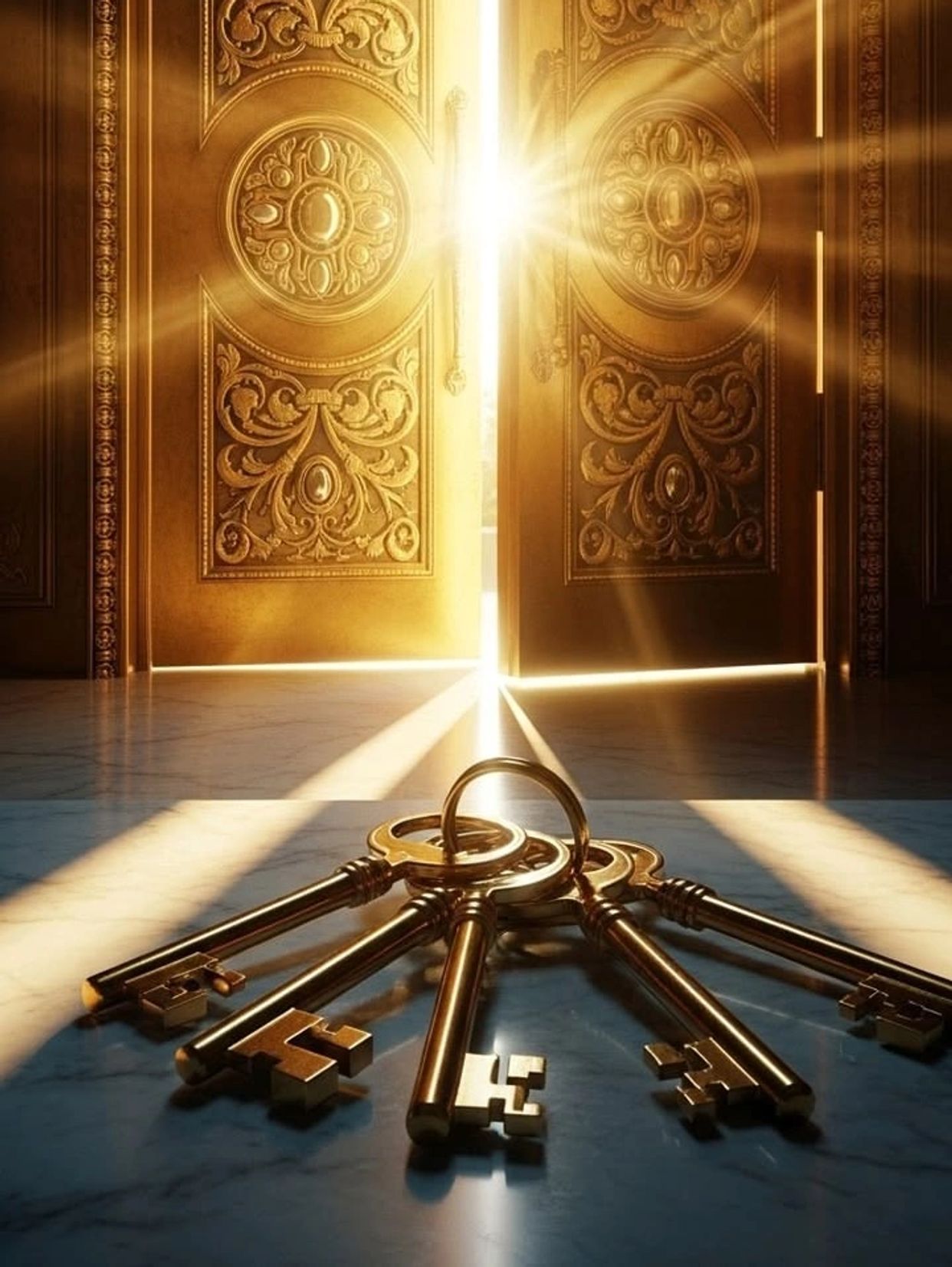 Golden keys on the floor with ornate doors opening to bright light.
