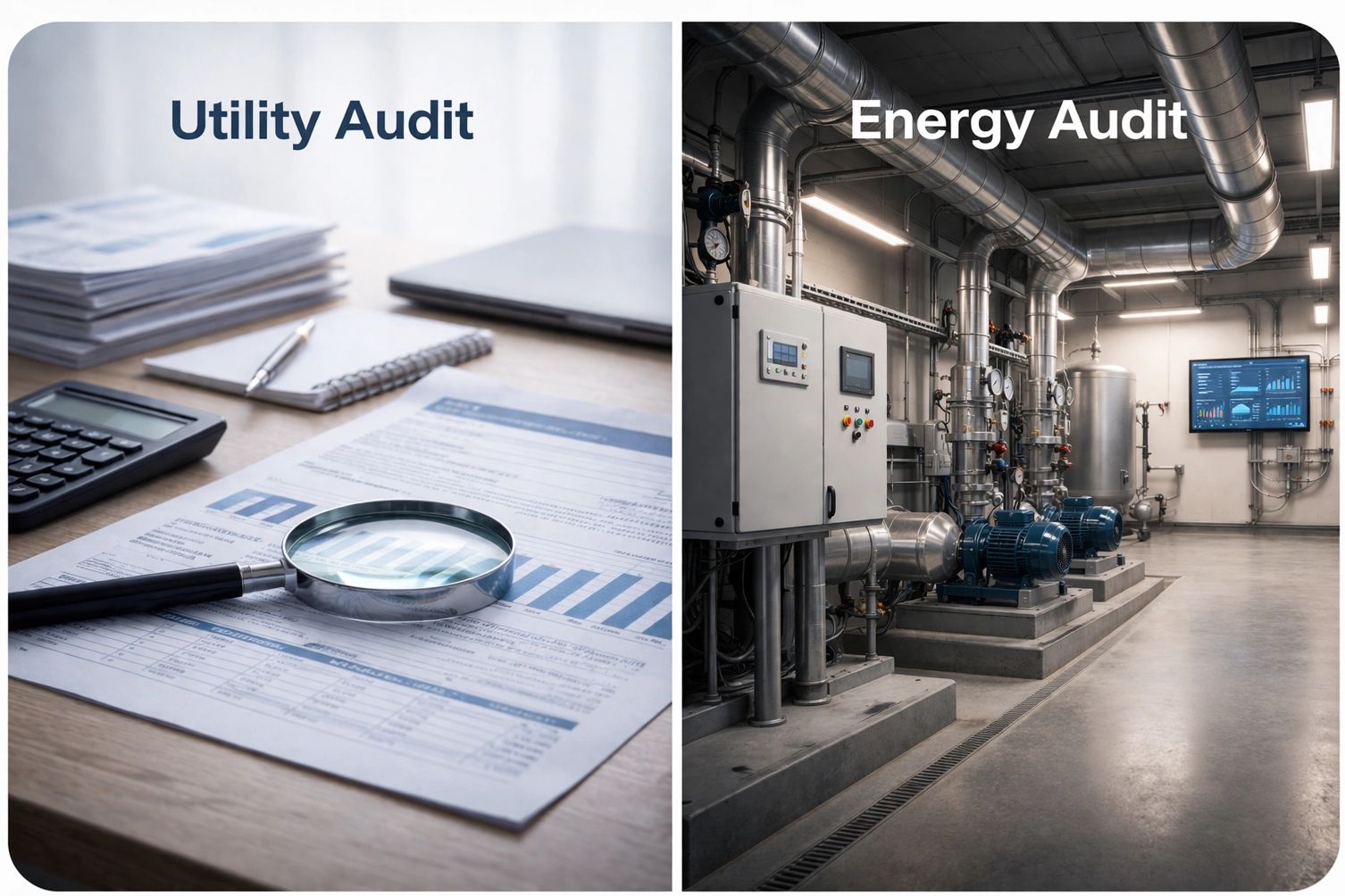 Utility bill audit verifies billing accuracy and charges, while energy audit evaluates equipment eff