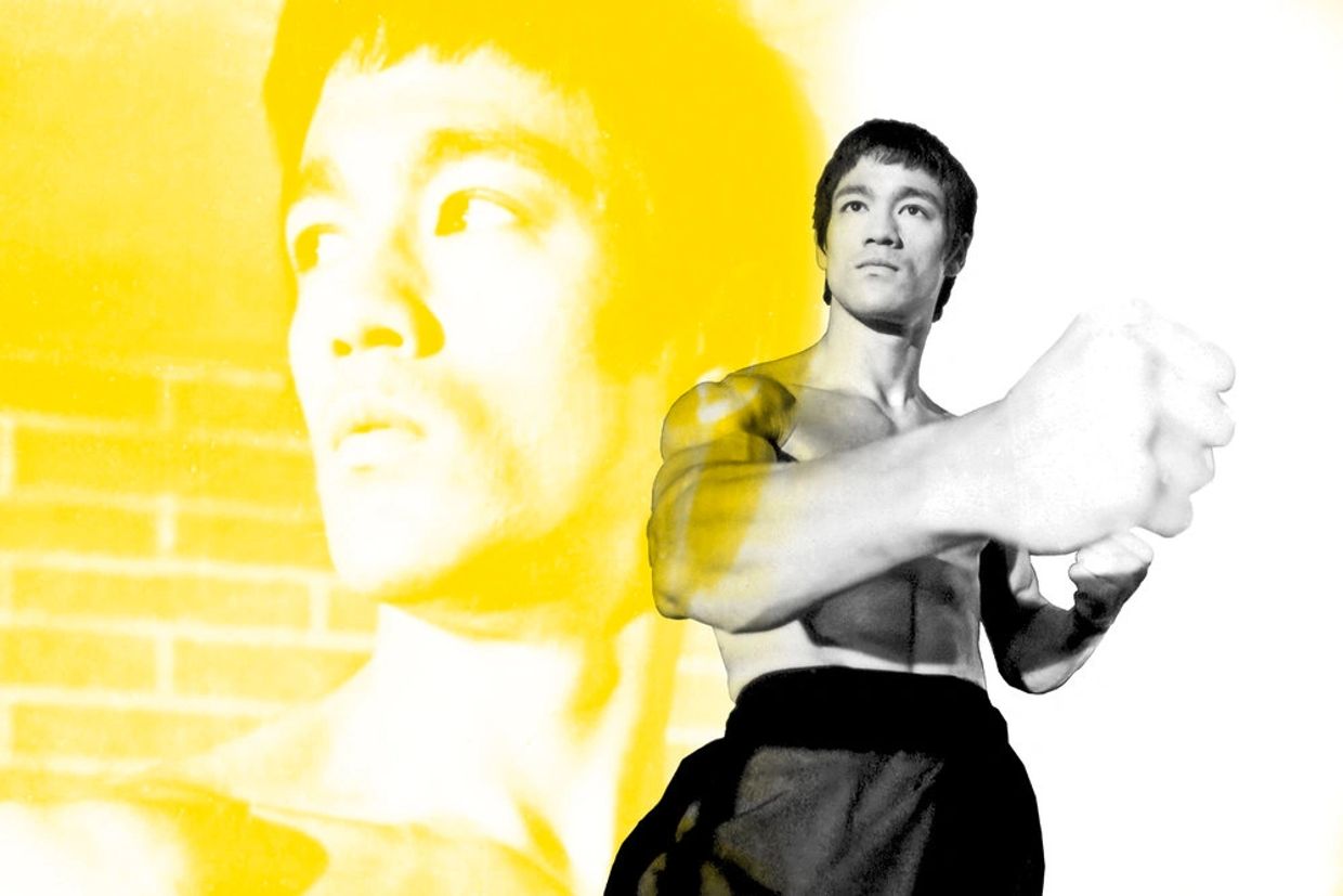 Bruce Lee in a fighting stance with a yellow overlay portrait behind him.