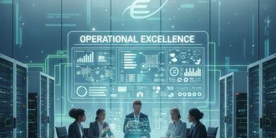 Business team collaborating with futuristic data visuals on operational excellence.
