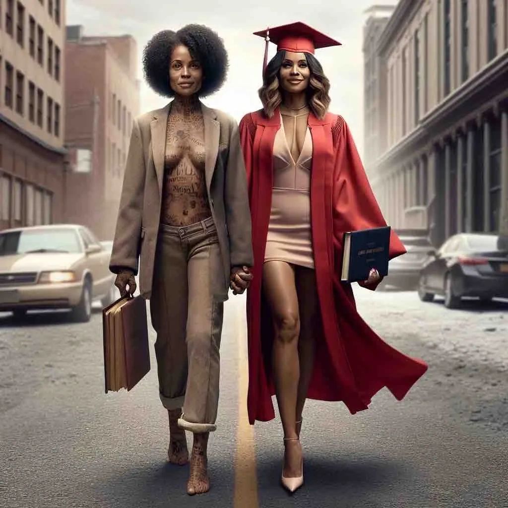 Two confident women walking hand in hand, one in business attire and the other graduating.