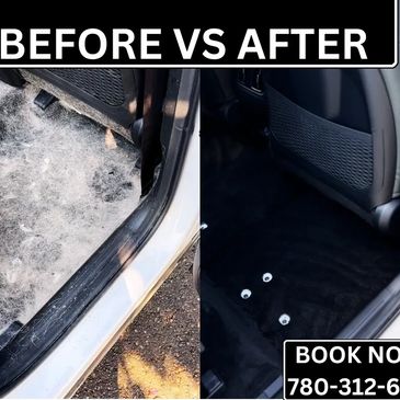 before vs after image of dirty interior with pet hair