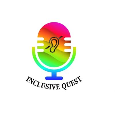 Inclusive Quest logo. A rainbow gradient microphone with a crossed-out ear symbol and the words Incl