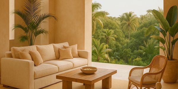 luxury living room on white in a villa with a beautiful view to the jungle