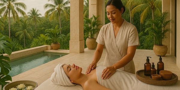 beautiful luxury villa with a pool, and jungle view. theres a lady in a massage bed and a therapist n