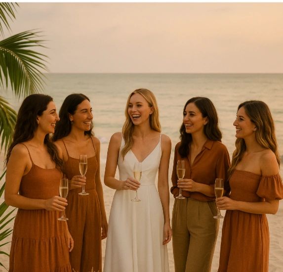 bride to be wearing white and bridemaids wearing earth colors having a toast at the beach