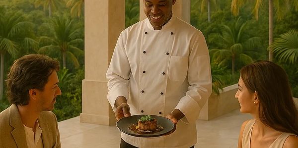 beautiful luxury villa, jungle views, a couple is been served by a chef.