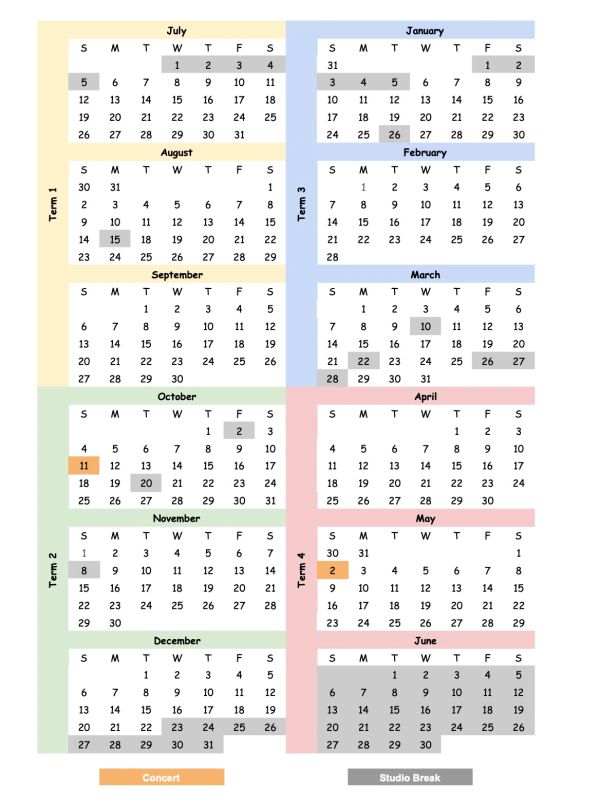 Yearly calendar highlighting school terms, concert, and studio breaks.