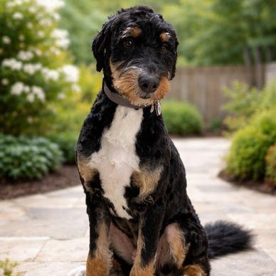 A black and tan dog with a white chest sitting on a stone path outdoors.