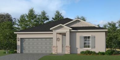 Single-story modern house with a two-car garage and front porch.