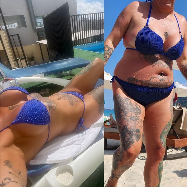 Two images of a tattooed woman in a blue bikini enjoying the sun at the beach and poolside.