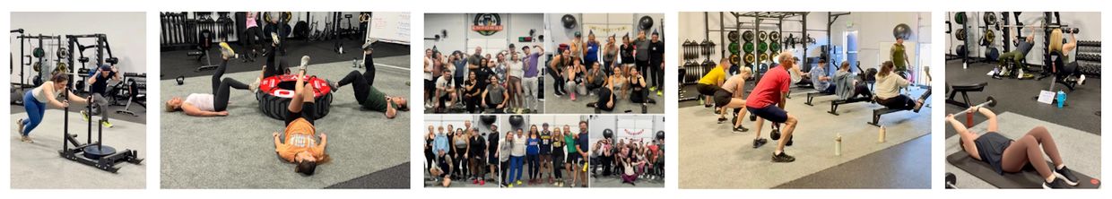 People engaging in various group fitness exercises and posing in a gym.