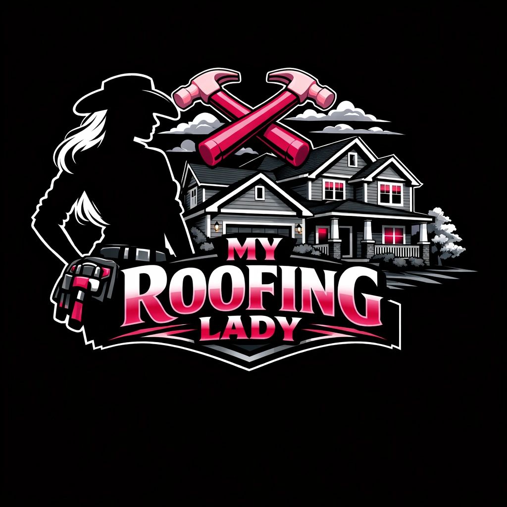 Logo featuring a silhouette of a roofing woman with crossed hammers and a house.