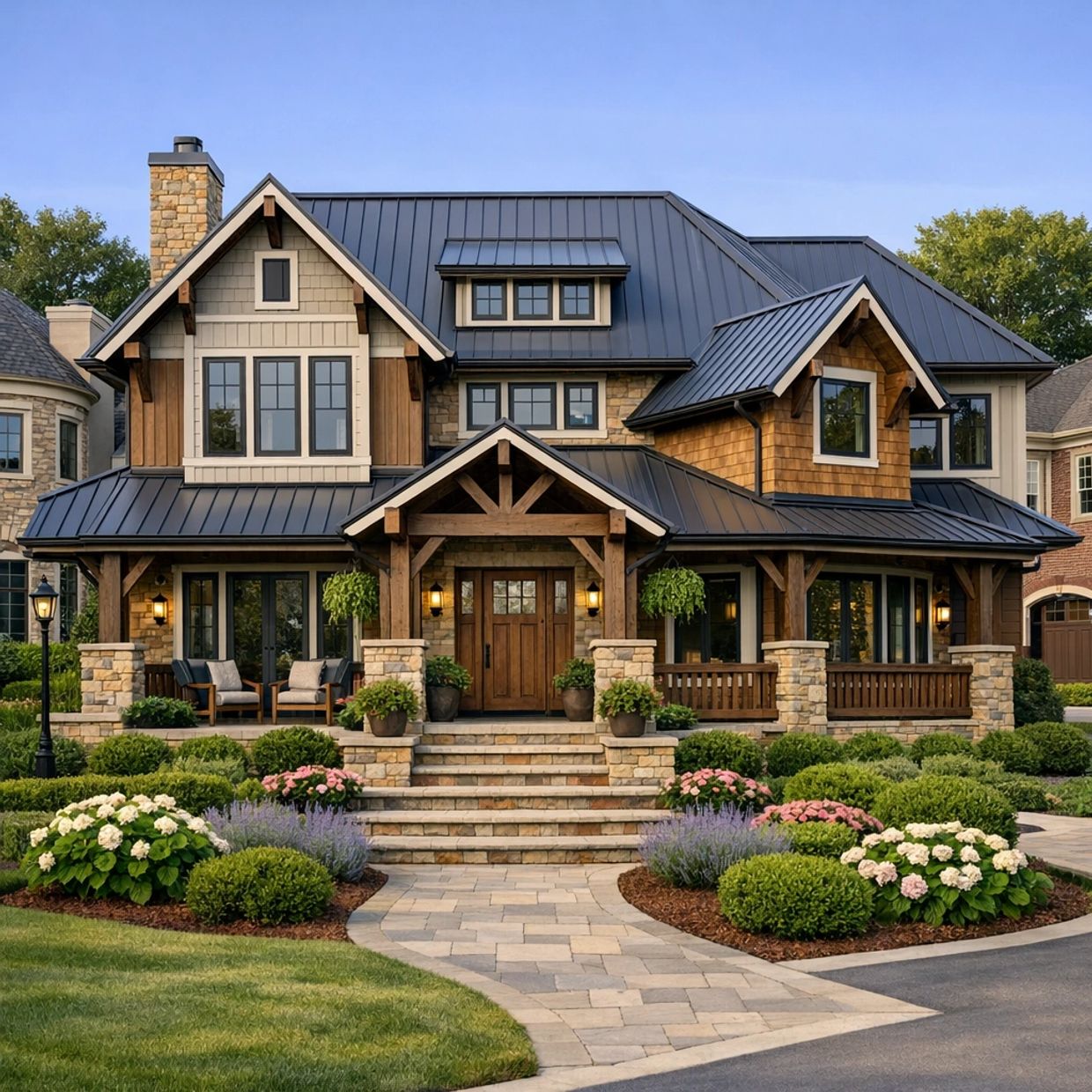 Beautiful craftsman-style house with stone and wood accents and a lush garden.