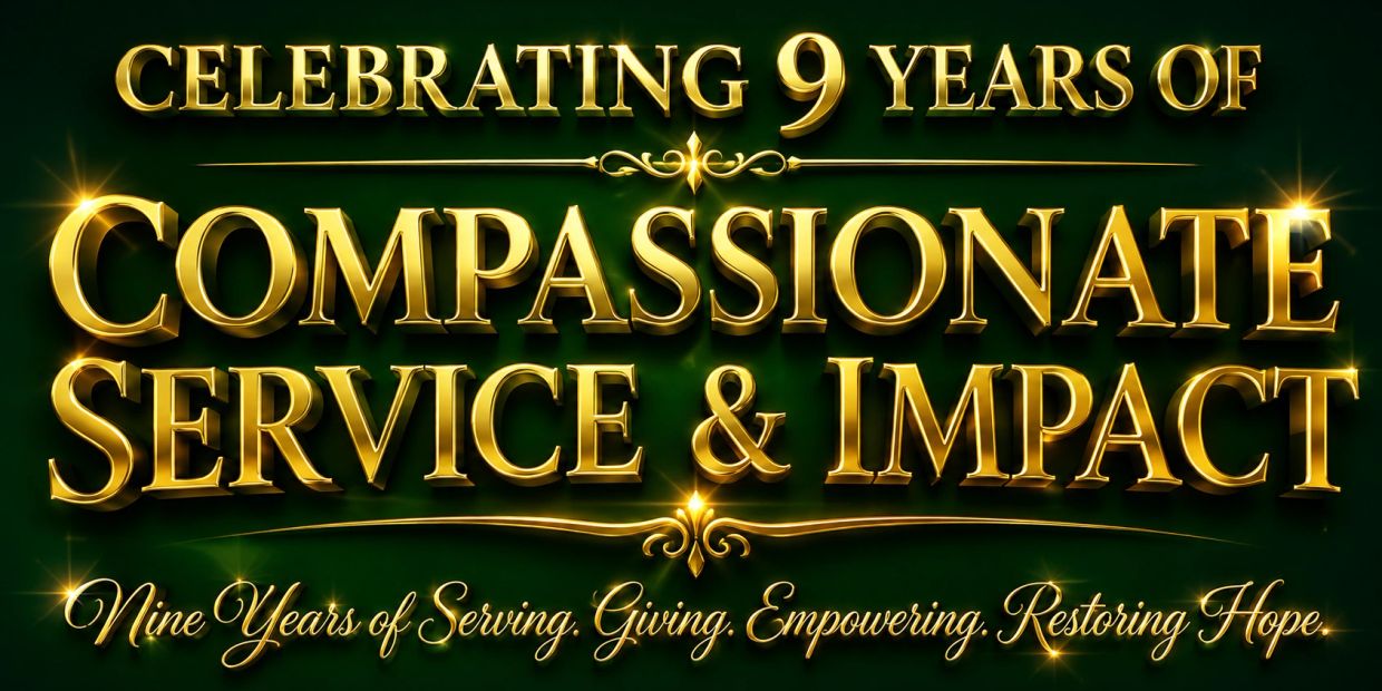 Golden text celebrating 9 years of compassionate service and impact.