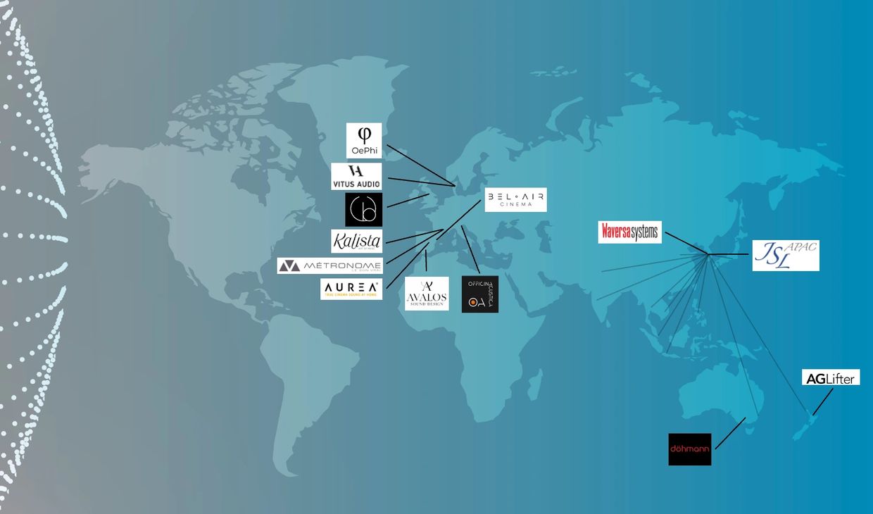 World map showing various audio and cinema company logos connected to different regions.
