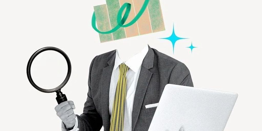 A headless businessman with a magnifying glass and laptop, symbolizing data analysis.