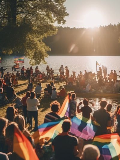 People gather by a lake at sunset waving rainbow pride flags.