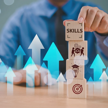 Businessman stacking blocks labeled 'Skills' with upward arrows symbolizing growth.