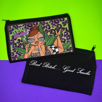 Two small zipper pouches with bold designs and text.