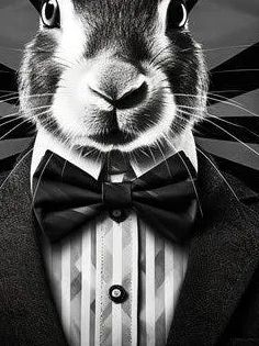 Close-up of a rabbit in a tuxedo with a bow tie, black and white.