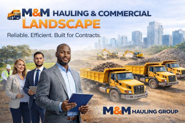 M&amp;M Hauling &amp; Commercial Landscape showcasing professional team and heavy equipment.