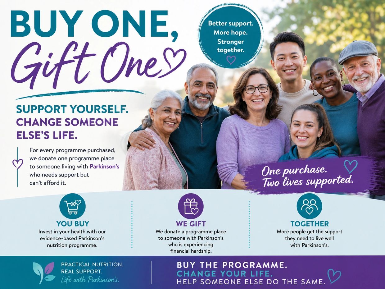Buy one Parkinson's nutrition program, gift one to someone in need, support two lives.